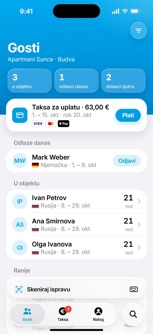 Prijava gostiju na iPhone-u: gosti u objektu i taksa za uplatu